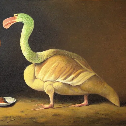 Image similar to a dodo eating a lizard, oil painting