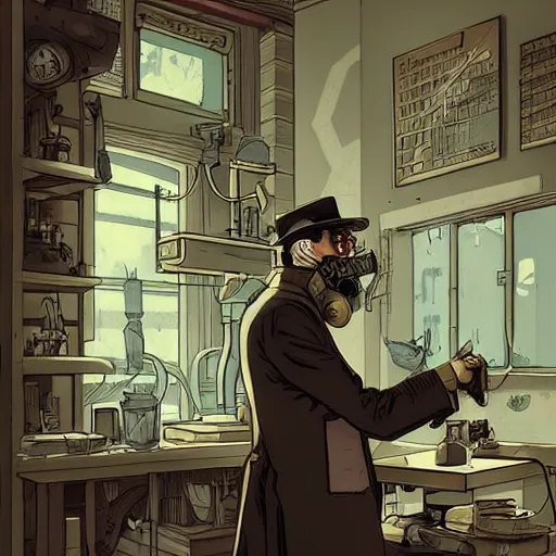 Image similar to muted colors, steampunk, comic book illustration, old victorian professor in his laboratory, detailed, cinematic lighting