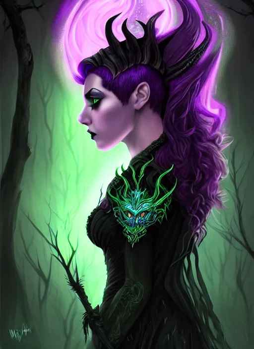 Image similar to side portrait dark queen, witch outfit large cloak, fantasy forest landscape, dragon scales, fantasy magic, undercut hairstyle, short purple black fade hair!!!!!!, dark light night, intricate, elegant, sharp focus, illustration, highly detailed!!!!!!!, digital painting, concept art, green neon smoke, matte painting, art by WLOP and Artgerm and Greg Rutkowski and Alphonse Mucha, masterpiece