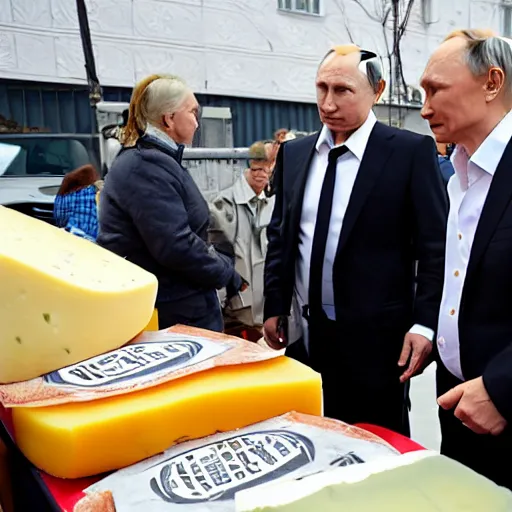 Prompt: vladimir putin visiting a cheese market