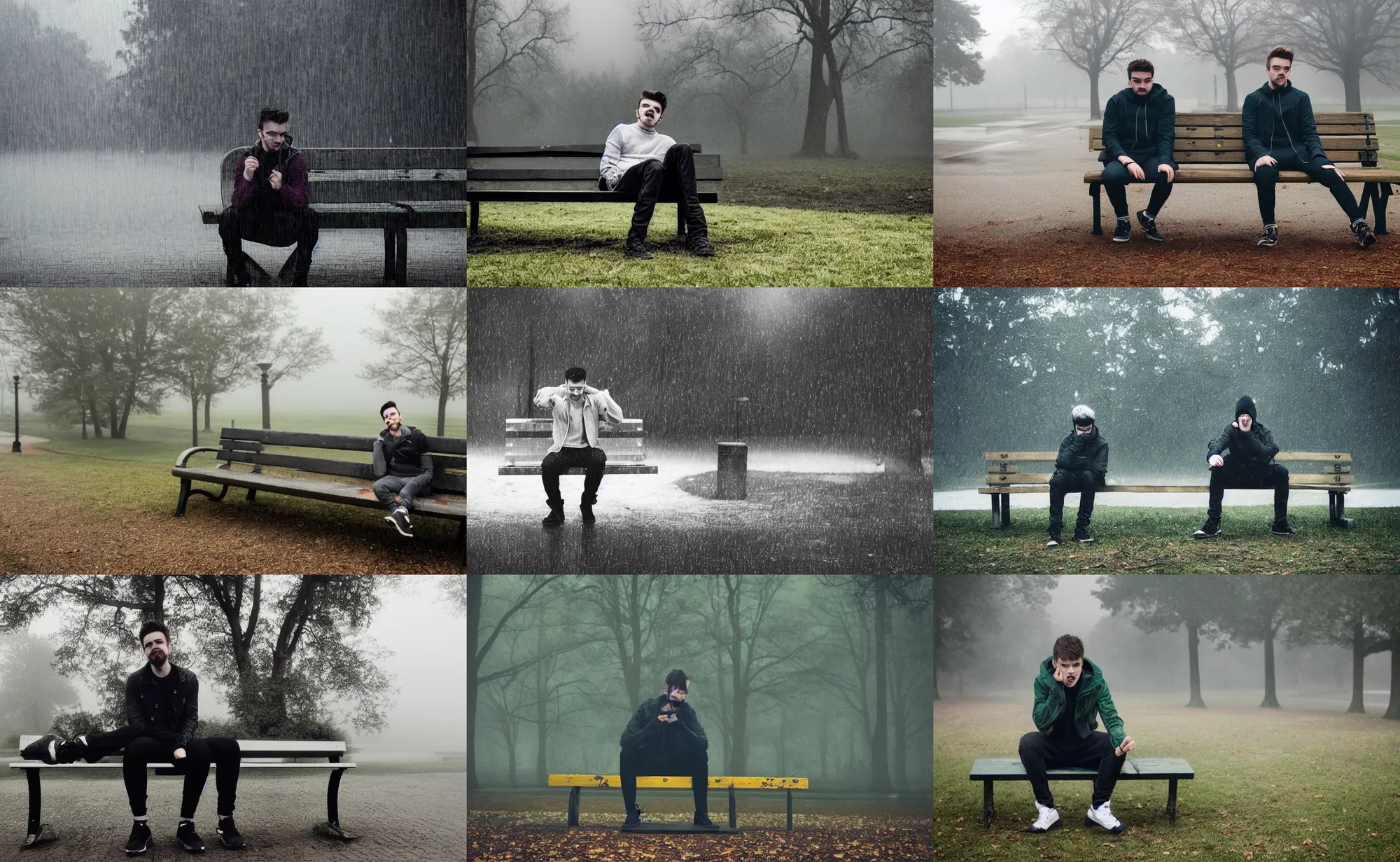 Prompt: jacksepticeye sitting at a park bench, foggy, sad, raining, faded, photoshoot