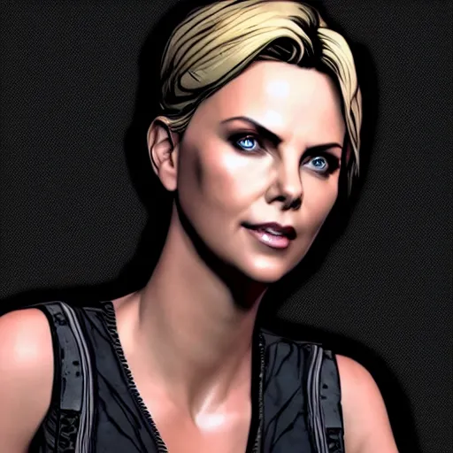 Image similar to charlize theron portrait, borderlands, tales from the borderlands, the wolf among us, comic, cinematic lighting, studio quality, 8 k