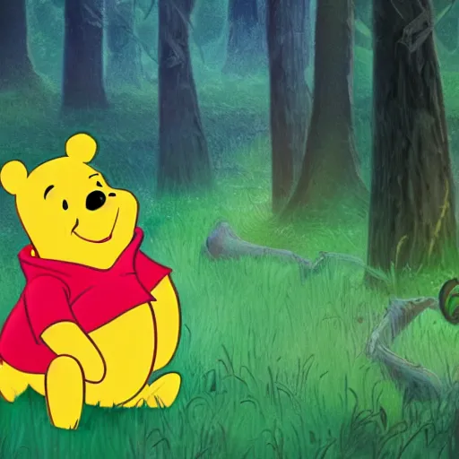 Image similar to Colored photo of winnie the pooh maniacally laughing with big sharpy teeths with bright red glowing eyes at night forest, ultra detailed, 4k