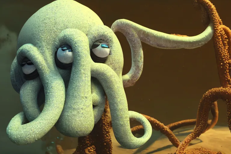 Prompt: squidward as a lovecraftian entity, photorealistic octane render