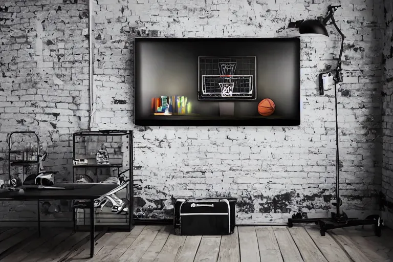 Image similar to teenager bedroom in industrial style, street art basketball decorated wall, futuristic ambiance, gamer screen on metallic desk, cyber, intricate, very detailed, soft lighting, 8 k hd