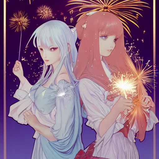 Prompt: two beautiful girls watching fireworks, digital art, by range murata, akiyuki shinbou, alphonse mucha, masamune shirow, josan gonzales, highly detailed, realistic, cinematic