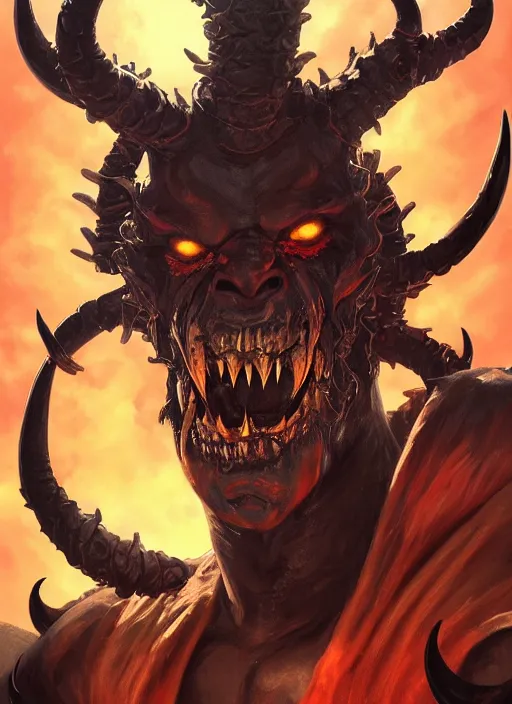 Image similar to hellish demon with forked tongue and horns, satan, gold fangs, close up, sinister, portrait, highly detailed, digital painting, artstation, concept art, matte, sharp focus, illustration, dramatic, cinematic sunset, hearthstone, art by artgerm and greg rutkowski and alphonse mucha