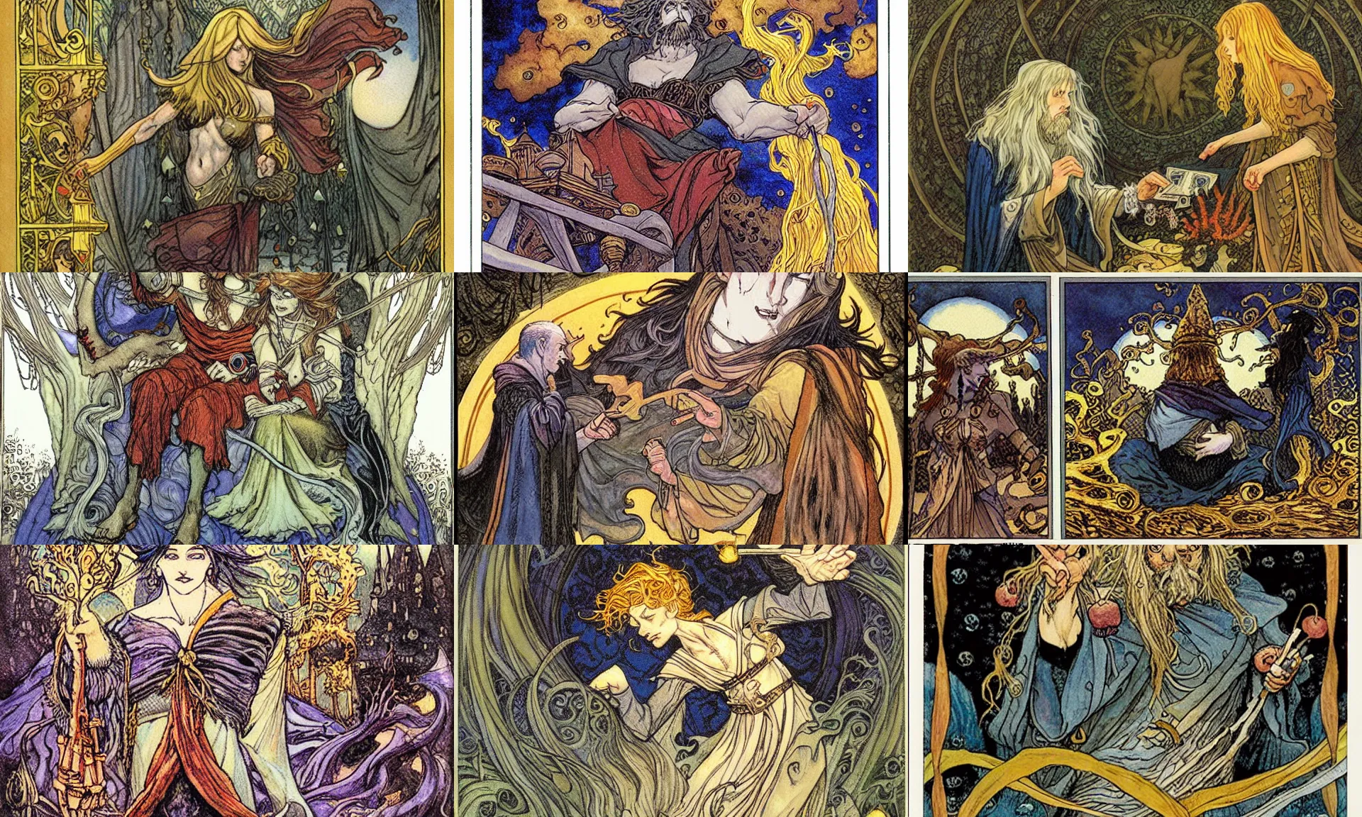 Prompt: wizard, tarot cards floating, by rebecca guay