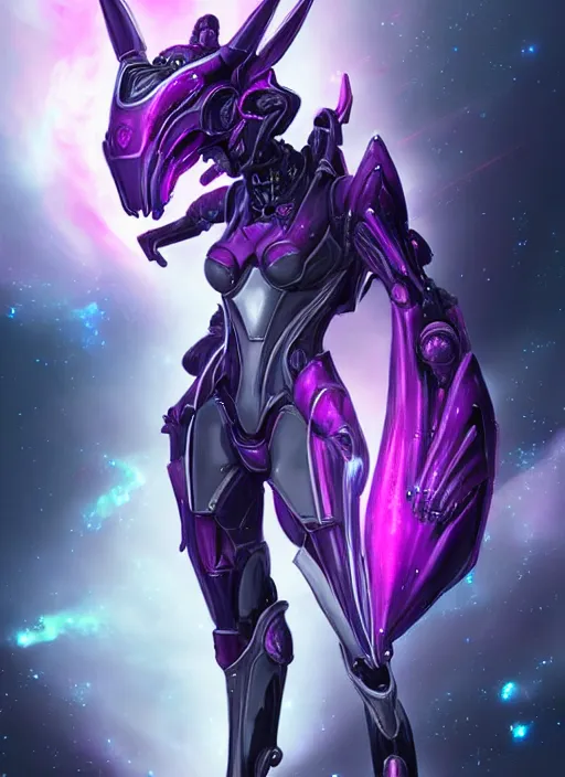 Prompt: cinematic bust shot, cosmic sized proportional stunning beautiful hot female warframe, detailed robot mecha female dragon head, metal ears purple eyes, sleek silver armor, fuschia skin, floating in empty space, nebula sized, posing elegantly, epic proportions, epic size, epic scale, furry art, dragon art, giantess art, warframe fanart, furaffinity, deviantart