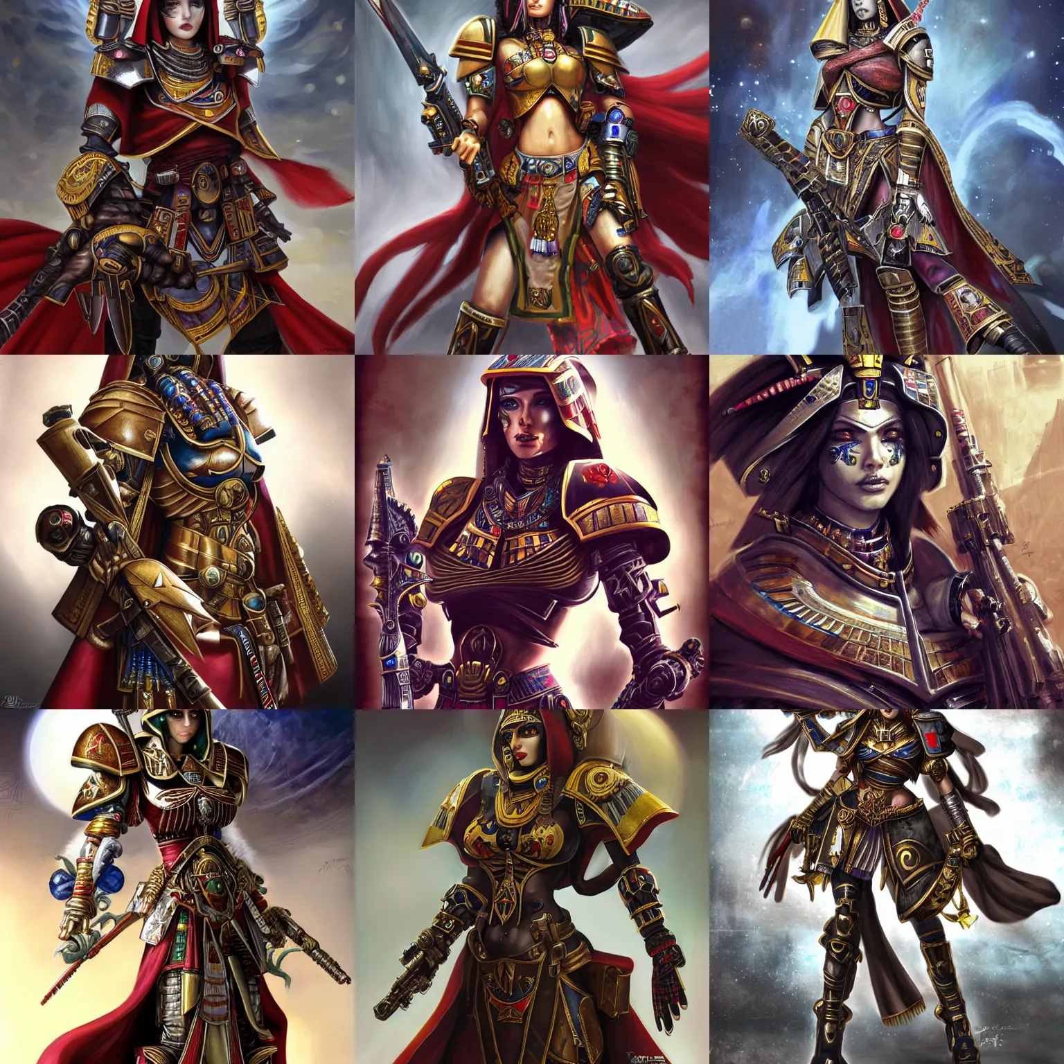 Prompt: a beautiful portrait of a female sororitas battle sister, egyptian details, art by yoshitaka amano and warhammer 4 0 k, trending on artstation, award - winning, perfect composition