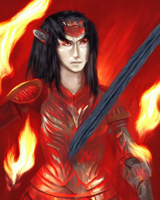 Image similar to digital art of a female warrior with black hair and red eyes, wearing red armor, holding a flaming sword