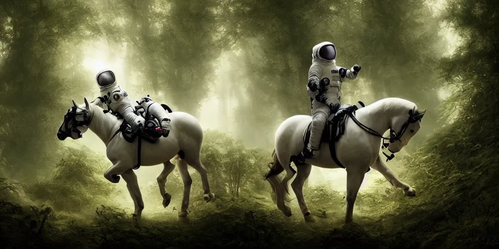 Image similar to an astronaut riding on the back of a white horse through a forest, a detailed matte painting by frieke janssens, featured on cgsociety, fantasy art, matte painting, reimagined by industrial light and magic, matte drawing