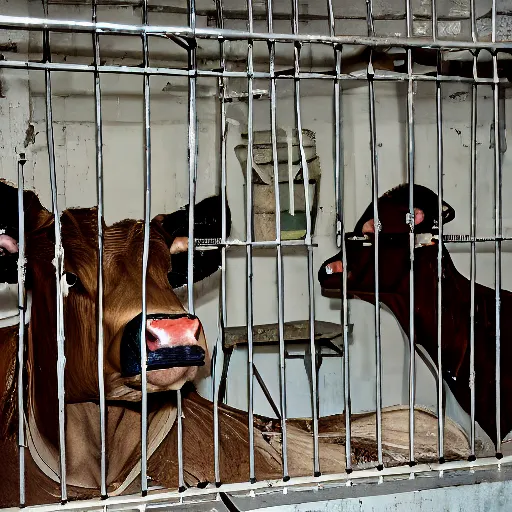 Prompt: inmates wearing cow heads inside a jailcell