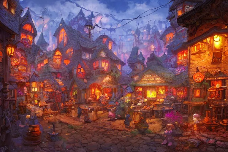 Image similar to dmt cozy fantasy village street view by artgerm and Craig Mullins, James Jean, Andrey Ryabovichev, Mark Simonetti and Peter Morbacher 16k