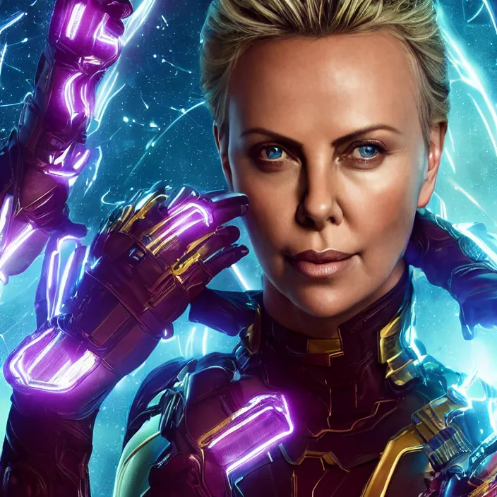 Image similar to portrait of (Charlize Theron), wearing The Infinity GAUNTLET. intricate artwork. octane render, trending on artstation, very coherent symmetrical artwork. avengers. THANOS. cinematic, hyper realism, high detail, octane render, 8k, iridescent accents