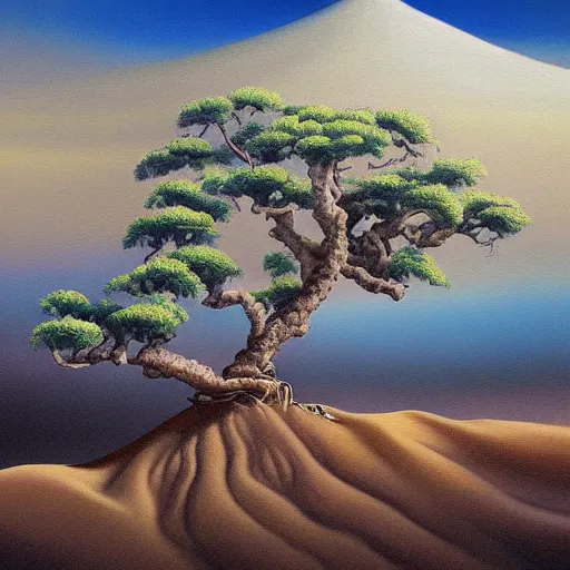 Prompt: a painting of a japanese tree in the desert, an airbrush painting by breyten breytenbach, cgsociety!, neo - primitivism, dystopian art,! apocalypse landscape!!