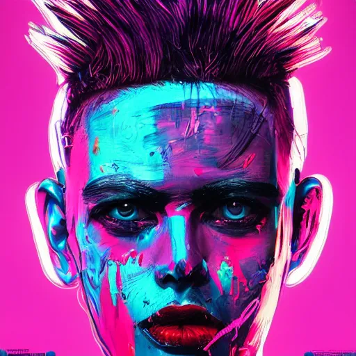 Image similar to splashes of neon, punk portrait made out of paint, trending on artstation, epic composition, emotional, beautiful, rendered in octane, highly detailed, realistic, comic book art