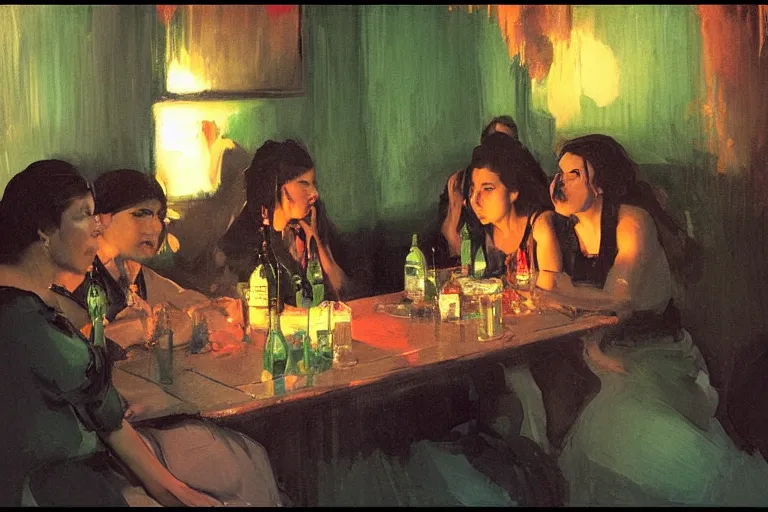 Image similar to cholas drinking brutal and raw wine, inside a tiny green room with red lights by joaquin sorolla, greg rutkowski, bill sienckiwicz, extremely detailed