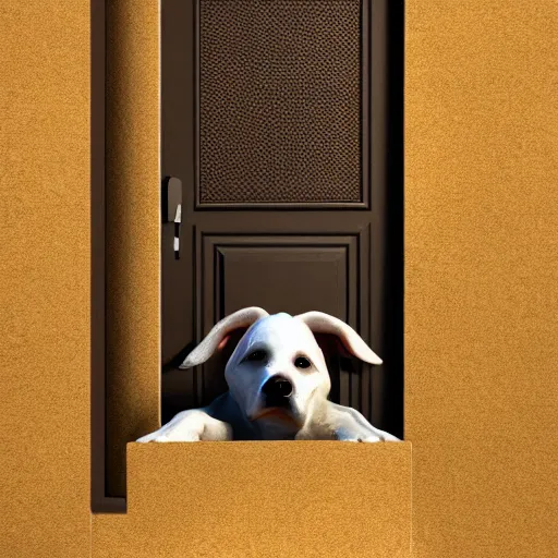 Prompt: dog staying on bottom legs near door with gate value, concept art, trending on artstation, highly detailed, intricate, sharp focus, digital art, 8 k