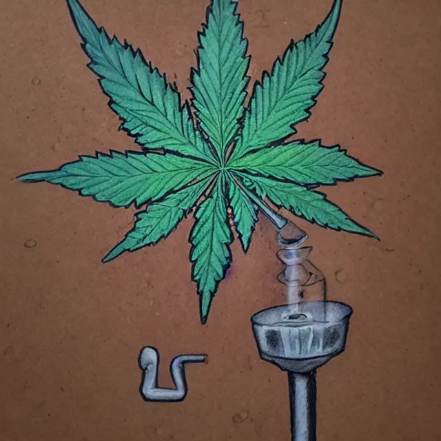 Prompt: cannabis leaf smoking a bong, colored pencil illustration