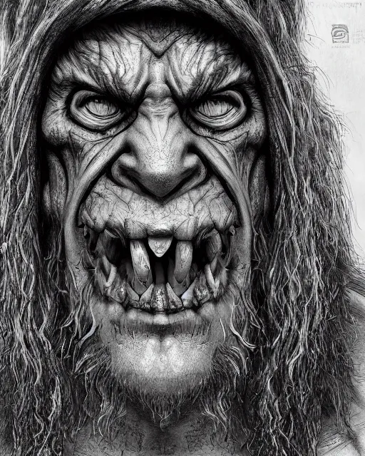 Image similar to orc, hyper realism, fine details, deviantart artstation, extremely detailed, black and white, very sharp, in the style of albrecht durer