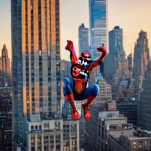 Image similar to spider - man swinging through new york buildings, sunset at golden hour, 4 k.