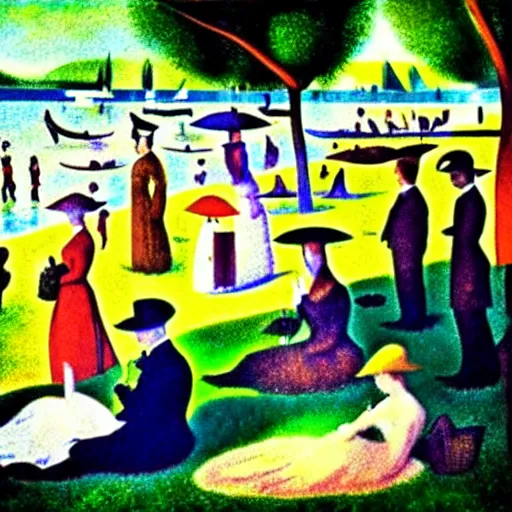 Prompt: sunday on la grande jatte, painted by dali