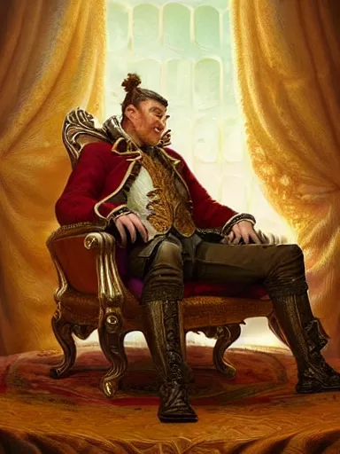 Prompt: a pleasured noble man siting in his armchair. intricate, elegant, highly detailed, digital painting, artstation, concept art, sharp focus, illustration, by justin gerard and artgerm, 8 k