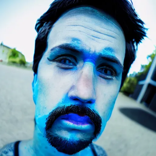 Image similar to fish eye lens close up photograph of a man with blue skin and a goatee side eyeing the camera with a sympathetic look