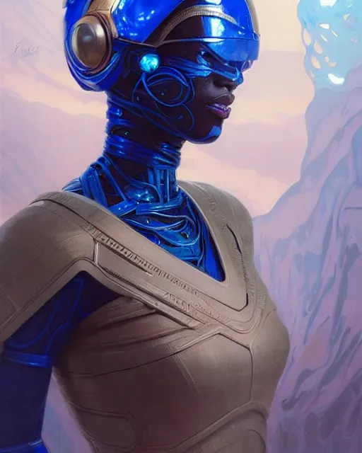 Image similar to Portrait of very very very very very very beautiful african woman, spacesuit, futuristic cybernetic helmet, blue eyes, real life skin, intricate, elegant, highly detailed, artstation, concept art, smooth, sharp focus, art by artgerm and greg rutkowski and alphonse mucha