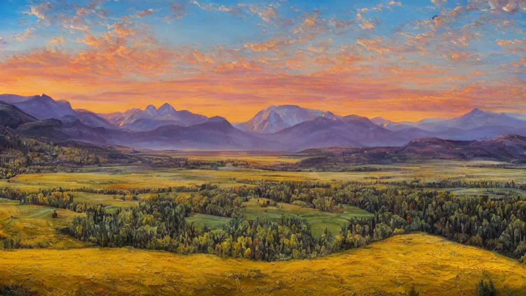 Image similar to The most beautiful panoramic landscape, oil painting, where the mountains are towering over the valley below their peaks shrouded in mist, the sun is just peeking over the horizon producing an awesome flare and the sky is ablaze with warm colors, lots of birds and stratus clouds. The river is winding its way through the valley and the trees are starting to turn yellow and red, by Greg Rutkowski, aerial view, naturalism