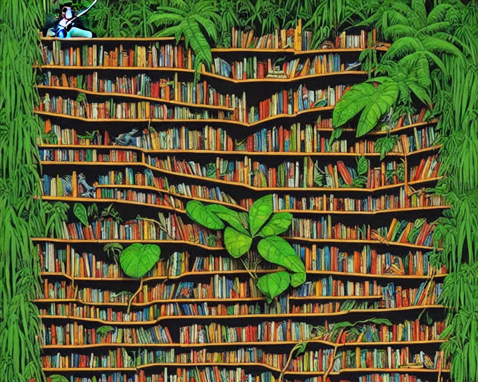 Prompt: a bookshelf in the rainforest by banksy. detailed, proportional, romantic, enchanting, achingly beautiful, graphic print, trending on artstation, jungle, tropical, foliage