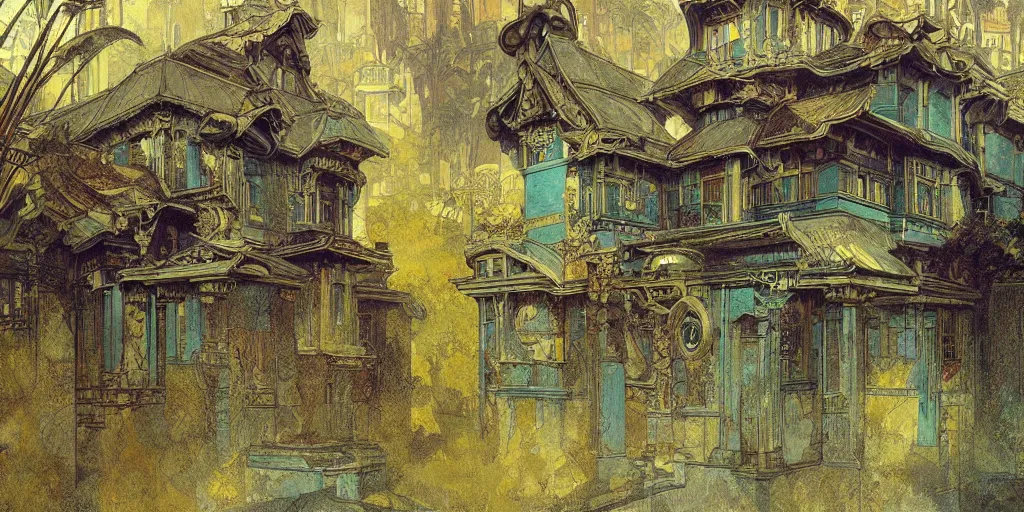 Prompt: a photo of a concept architecture art house solarpunk in the garden, style brutalism, gold and black turquoise ratio, extremely detailed, sharp focus, wide view, detailed rought paper, digital illustration, colorfull, by william turner art, by alphonse mucha