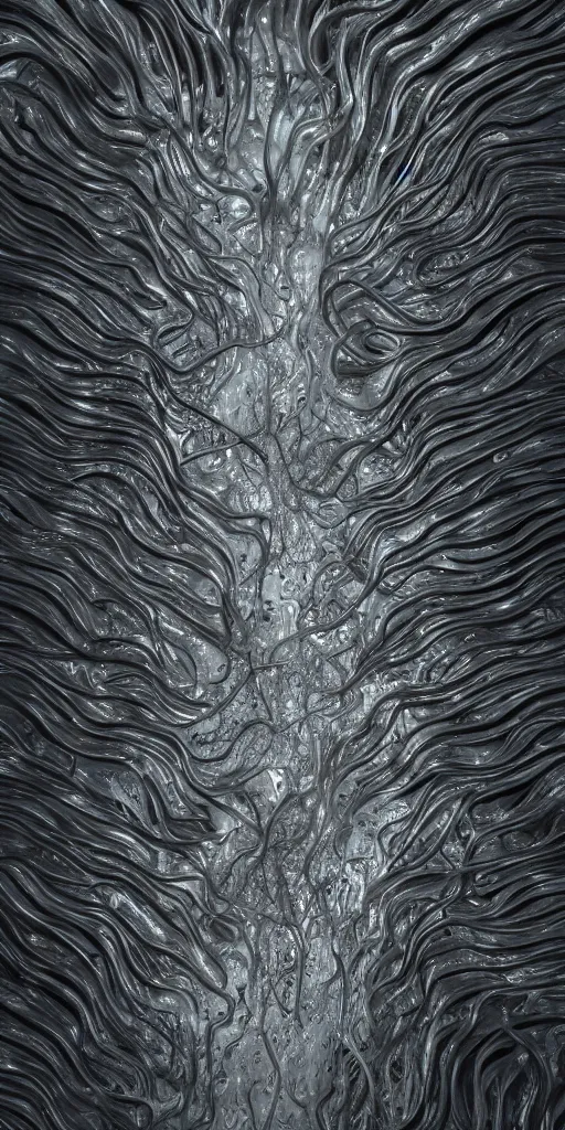 Image similar to a photorealistic render of a topographic sculpture made of melted metal and bioluminescent beings on a black background, c 4 d, by zhelong xu ouchh studio and ernst haeckel, wide angle, hyper realistic, plain black background, 8 k, volumetric lightning, octane render