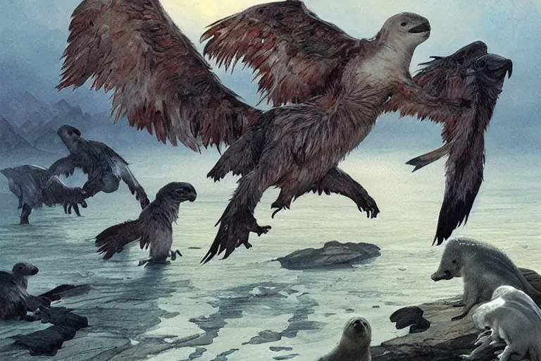 Image similar to a pack of feathered velociraptors hunting a baby harp seal at dawn, ominous intent, water color, art by artgerm and greg rutkowski and alphonse mucha and jin xiaodi and anthony devine