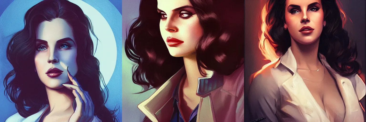 Prompt: portrait of Lana Del Rey as a detective, highly detailed, digital painting, artstation, concept art, sharp focus, illustration, art by artgerm and greg rutkowski and alphonse mucha