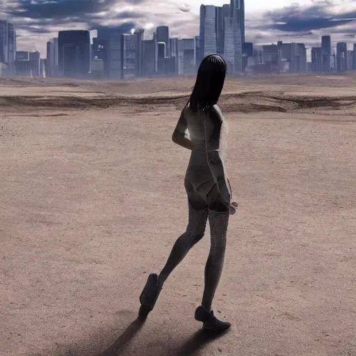 Prompt: a woman full figure cyberpunk walks in the desert, in the distance you can see a futuristic city, hyperrealism, subsurface scattering, rim light, highly detailed, sharp focus