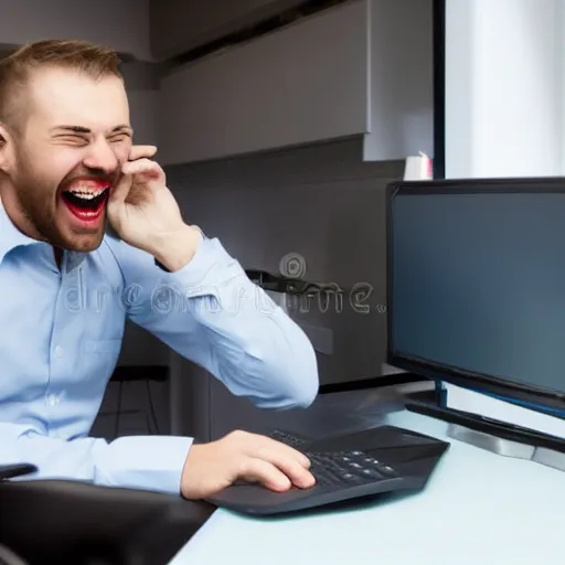 Prompt: Man's computer has BSOD but he's laughing, stock image, no blur