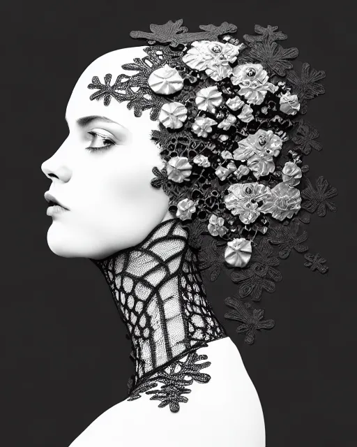 Image similar to black and white masterpiece profile portrait painting, dutch masters, silver lace floral steampunk biomechanical beautiful one techno eye young female cyborg, big monocular, volumetric light, leaves foliage and stems, hibiscus flowers, by cecile beaton, rim light, big gothic fashion pearl embroidered collar, 8 k