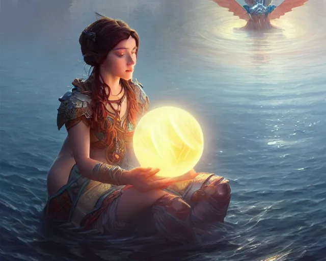 Prompt: glowing orb in the middle of the lake, deep focus, d & d, fantasy, intricate, elegant, highly detailed, digital painting, artstation, concept art, matte, sharp focus, illustration, hearthstone, art by artgerm and greg rutkowski and alphonse mucha