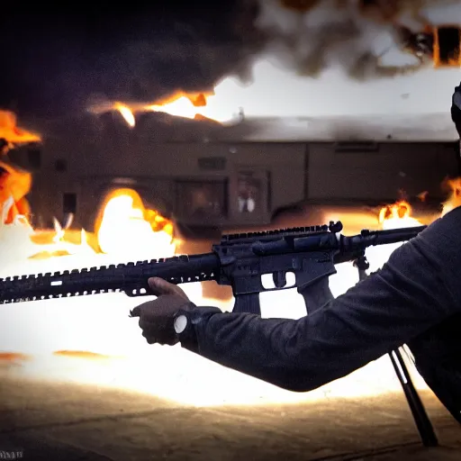 Image similar to man firing ar - 1 5, muzzle flash visible at the end of the barrel, highly detailed, photograph, firepower united