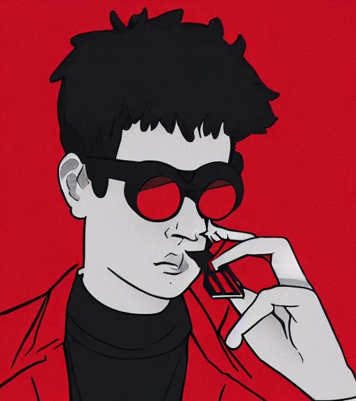 Image similar to young man in red jacket and white shirt, white hair, round goggles, smoking cigarette, character portrait, sharp focus, illustration, high detailed