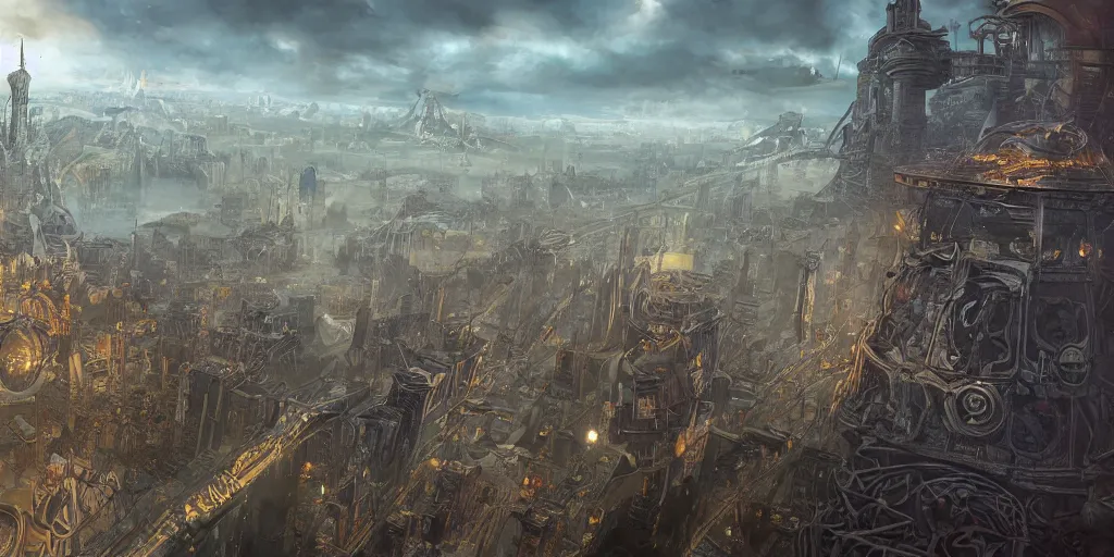 Image similar to illustration, concept illustration, steam punk, a single giant ancient linear city on a single bridge, giant continent bridge city build over the ocean in a straight line, fading into the distance