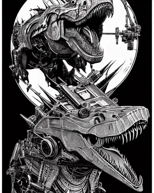 Prompt: a majestic steampunk cyborg t - rex, high details, bold line art, by vincent di fate and joe fenton, inking, etching, screen print, masterpiece, trending on artstation, sharp, high contrast, hyper - detailed,, hd, 4 k, 8 k