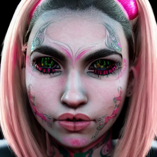 Image similar to An octane 3d render of a girl with pink pigtails, and face tattoos, 8d, HD, hyper detailed, intricate details, photorealistic, dynamic lighting, stunning visuals, creative, trending on art station,