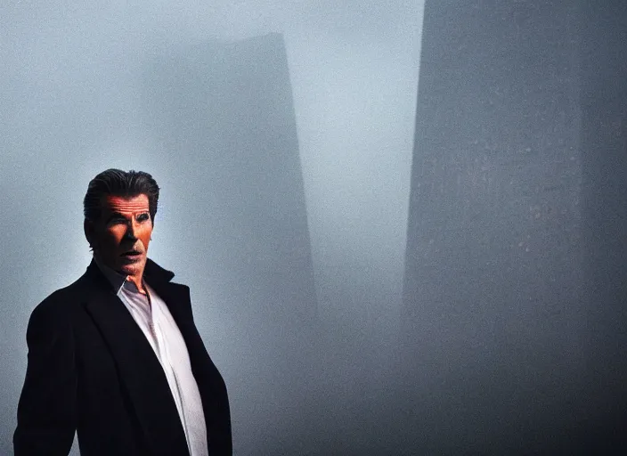 Image similar to film footage of pierce brosnan as giant monster in a foggy city, eerie, 8 k, 8 5 mm f 1. 8, studio lighting