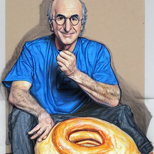 Image similar to larry david sitting on large bagel beanbag, colored-pencil sketch