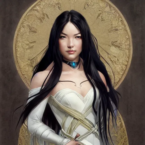 Prompt: cassandra cain in a wedding dress with long black hair, cg animation, riot entertainment, arcane, realistic, character select portrait, by artgerm, greg rutkowski, alphonse mucha, 3 d