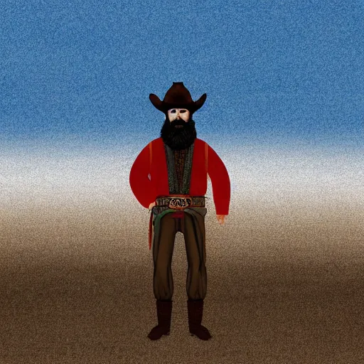 Image similar to bearded cowboy standing alone in central asian steppe, persian folkore illustration