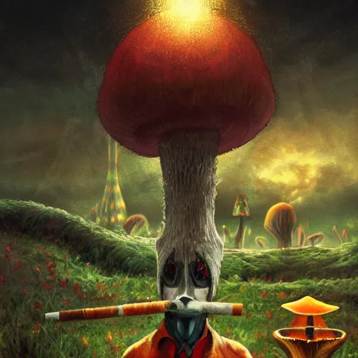 Prompt: a centered chest up portrait of a psychedelic demonic anthropomorphic badger smoking a hand - rolled cigarette smoking heavily, magic mushroom village in background. award winning. superb resolution. in the art style of junji ito and greg rutkowski. detailed mushroom city in background. hyper realistic anime. perfect art. dalle 2